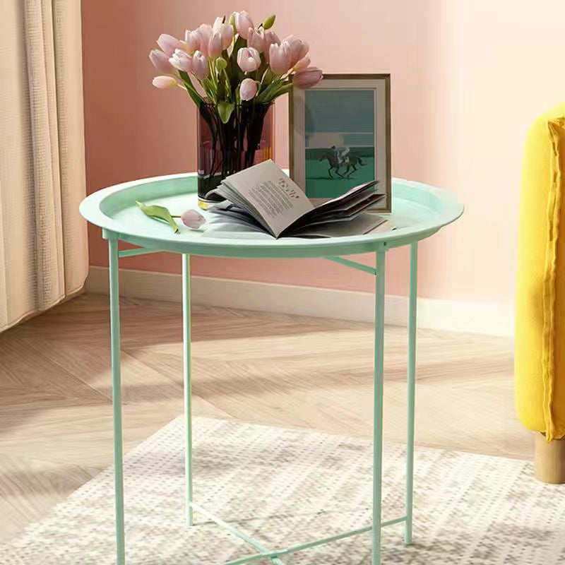 Mid-Century Round Tray Top Side Table Metal Cross Legs End Table