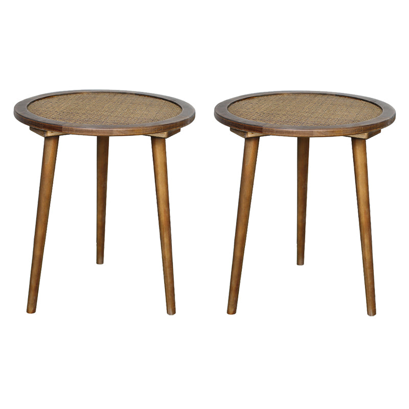 French Rustic Round Rattan Top Side Table 3 Legs Wooden End Table