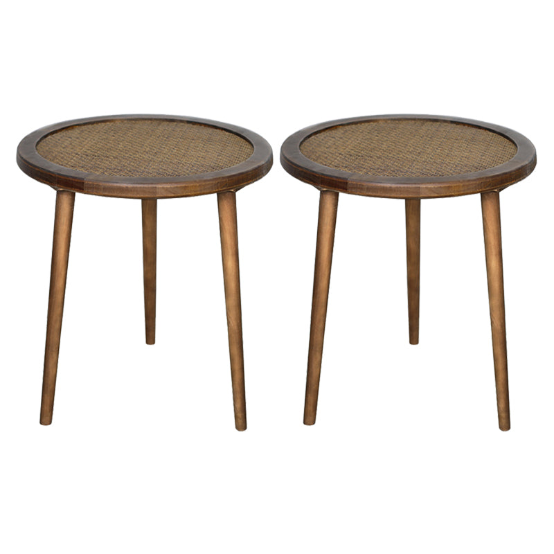 French Rustic Round Rattan Top Side Table 3 Legs Wooden End Table