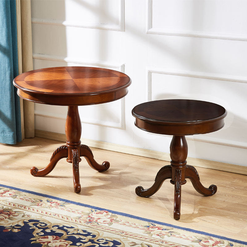 Traditional Solid Wood Round End Table Pedestal Sofa Side Accent Table in Brown