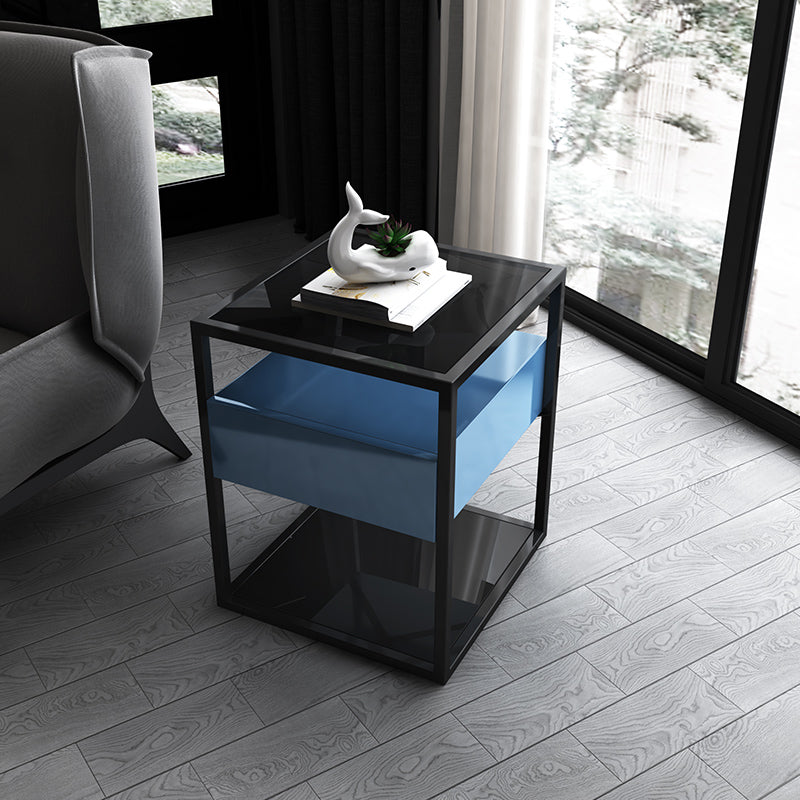 21.2" Tall Modern Rectangular Glass Top Side Table Iron Frame End Table with Storage