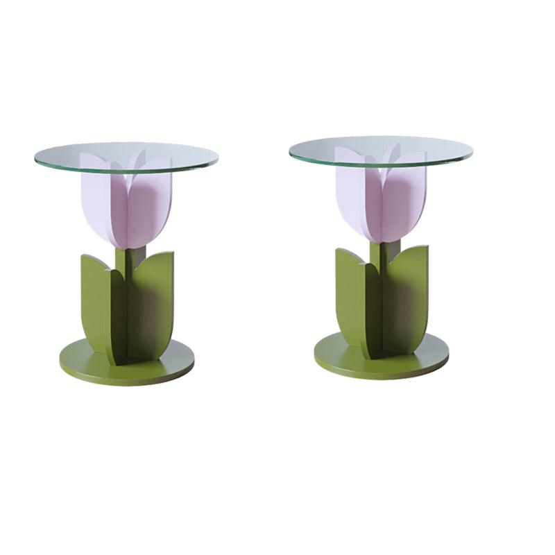 Scandinavian Wood/Glass Top End Table Dia 15.75" Tulip Shape Side Table in Green
