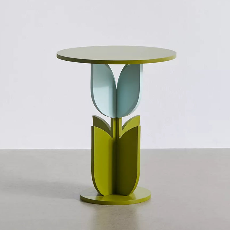Scandinavian Wood/Glass Top End Table Dia 15.75" Tulip Shape Side Table in Green