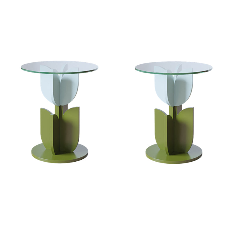 Scandinavian Wood/Glass Top End Table Dia 15.75" Tulip Shape Side Table in Green