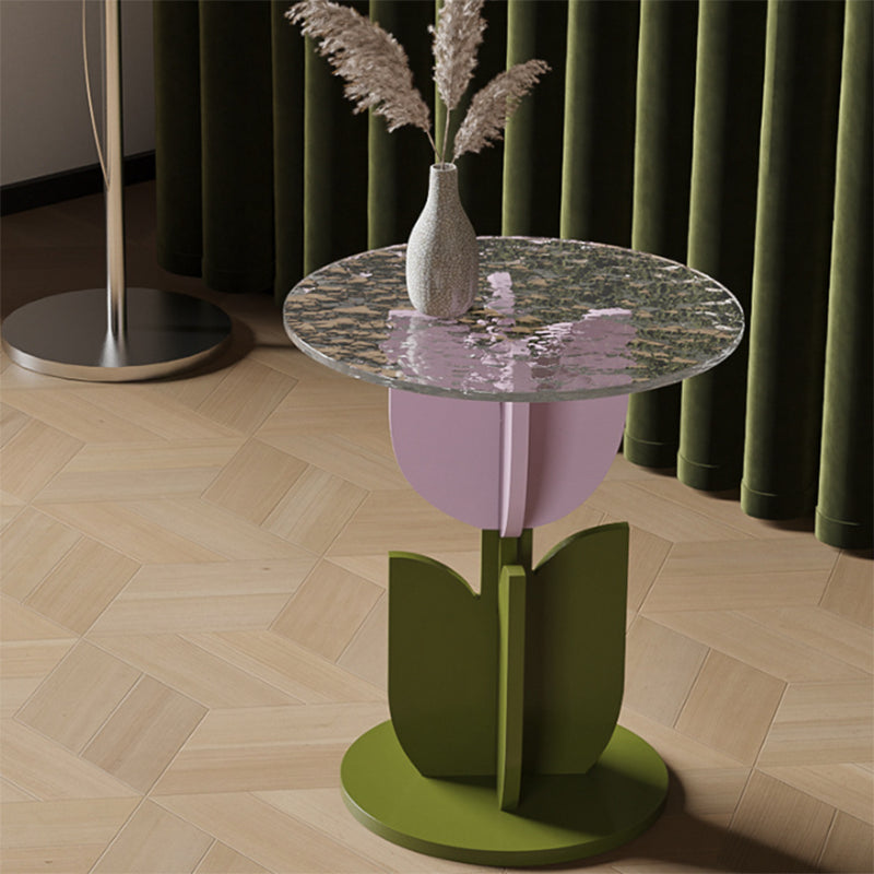 Scandinavian Wood/Glass Top End Table Dia 15.75" Tulip Shape Side Table in Green