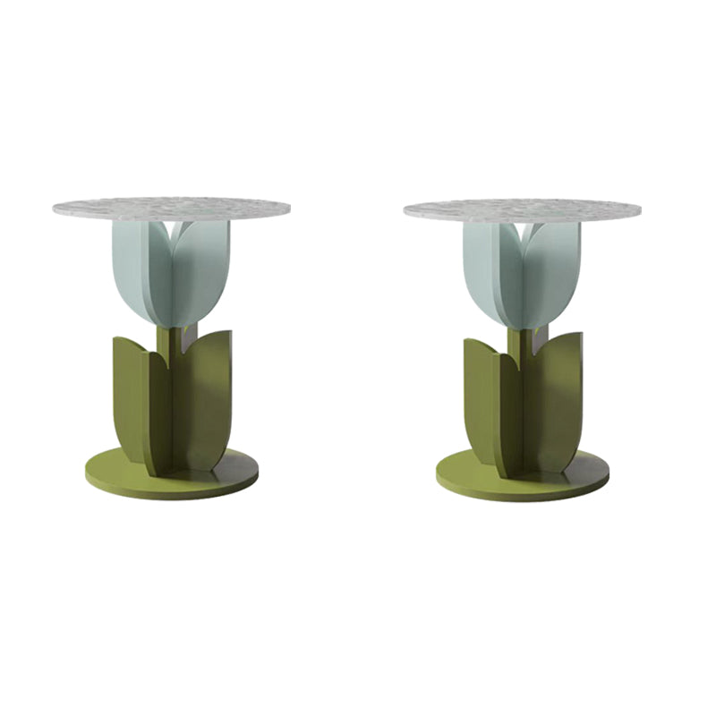 Scandinavian Wood/Glass Top End Table Dia 15.75" Tulip Shape Side Table in Green