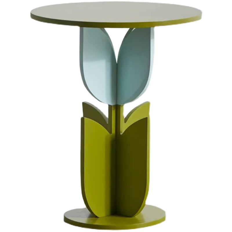 Scandinavian Wood/Glass Top End Table Dia 15.75" Tulip Shape Side Table in Green