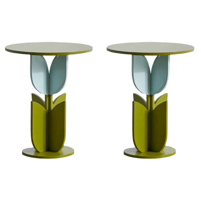 Scandinavian Wood/Glass Top End Table Dia 15.75" Tulip Shape Side Table in Green
