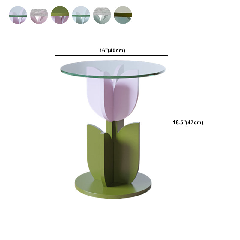 Scandinavian Wood/Glass Top End Table Dia 15.75" Tulip Shape Side Table in Green