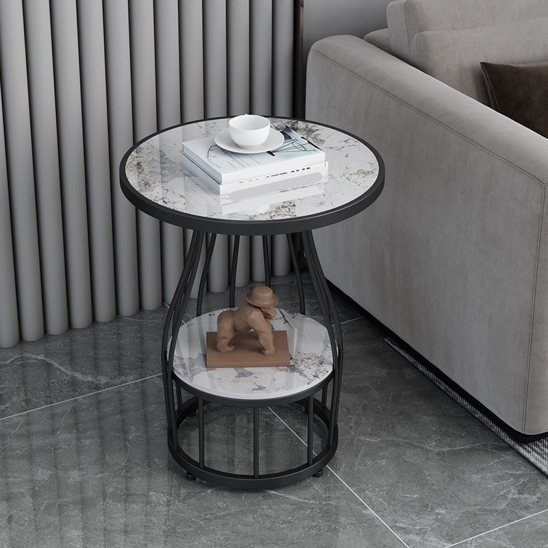 Contemporary Stone Top End Table Dia 19.69" Frame Shelf Included Side Table