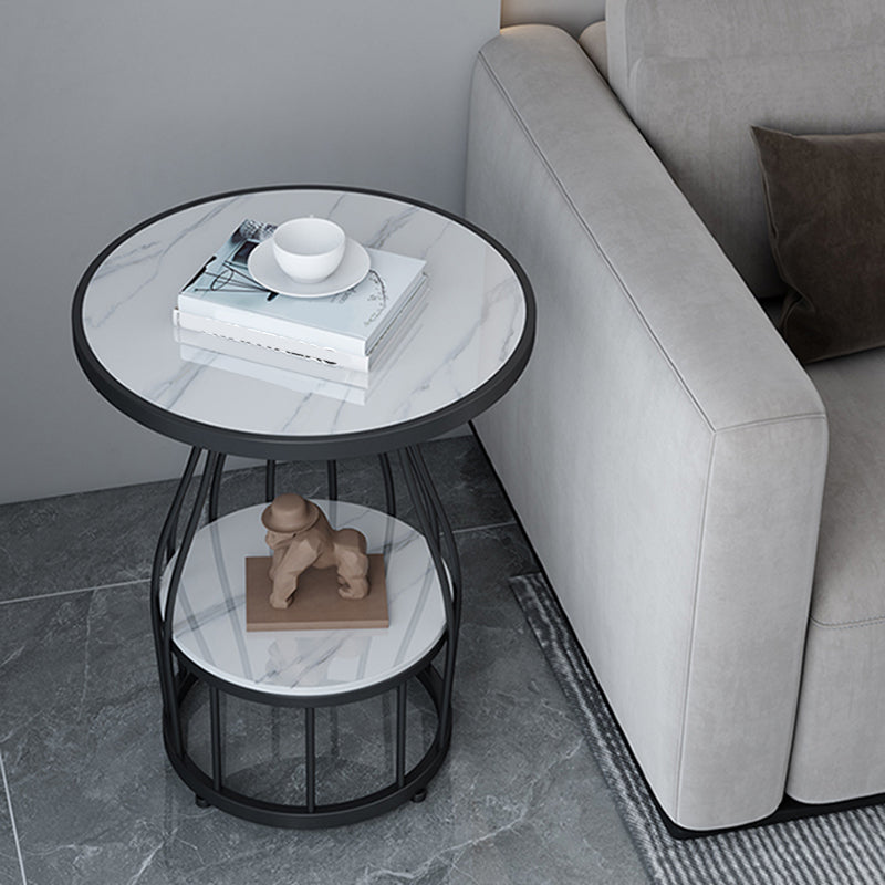 Contemporary Stone Top End Table Dia 19.69" Frame Shelf Included Side Table