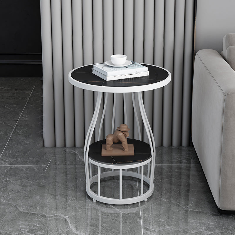 Contemporary Stone Top End Table Dia 19.69" Frame Shelf Included Side Table