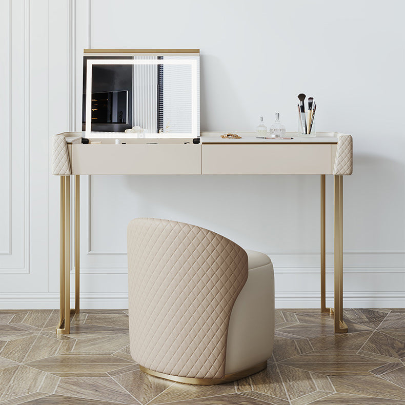 Glam Style Beige Rock Slate Vanity with 5 Drawers Metal Base