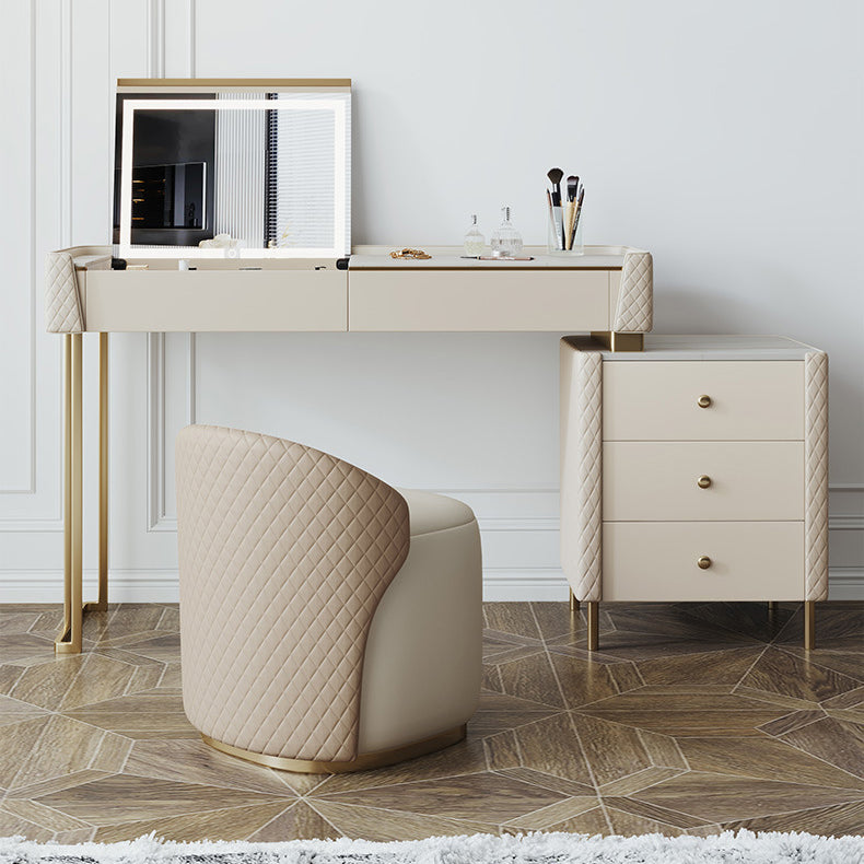 Glam Style Beige Rock Slate Vanity with 5 Drawers Metal Base
