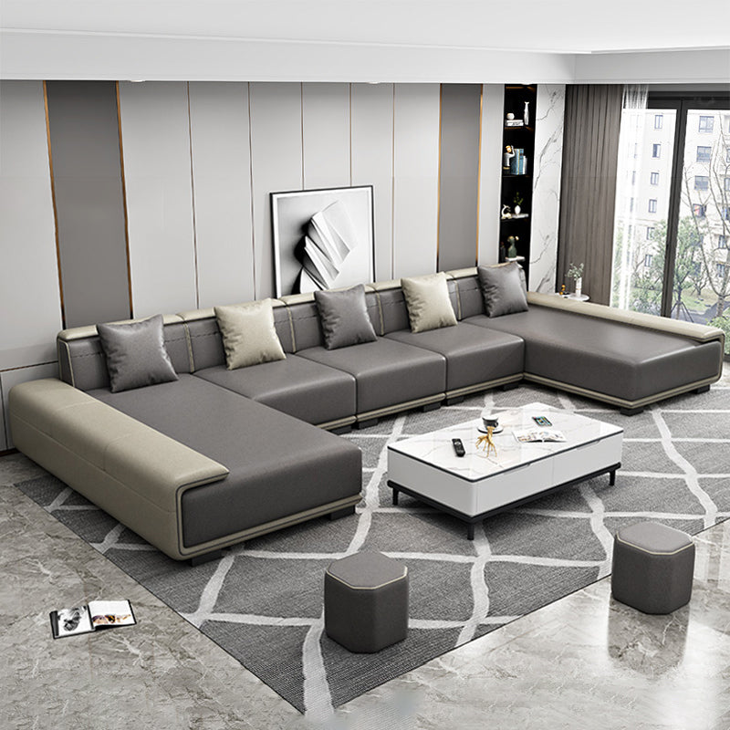 Faux Leather Sofa & Chaise with Pillows Modern U Sofa in Gray - 29.53" H