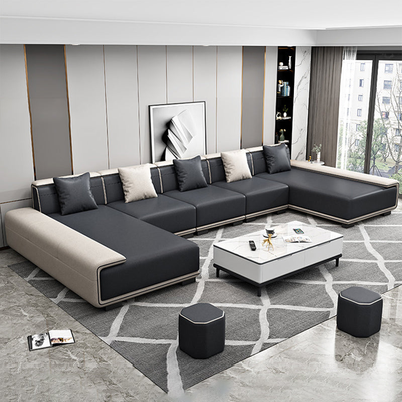 Faux Leather Sofa & Chaise with Pillows Modern U Sofa in Gray - 29.53" H