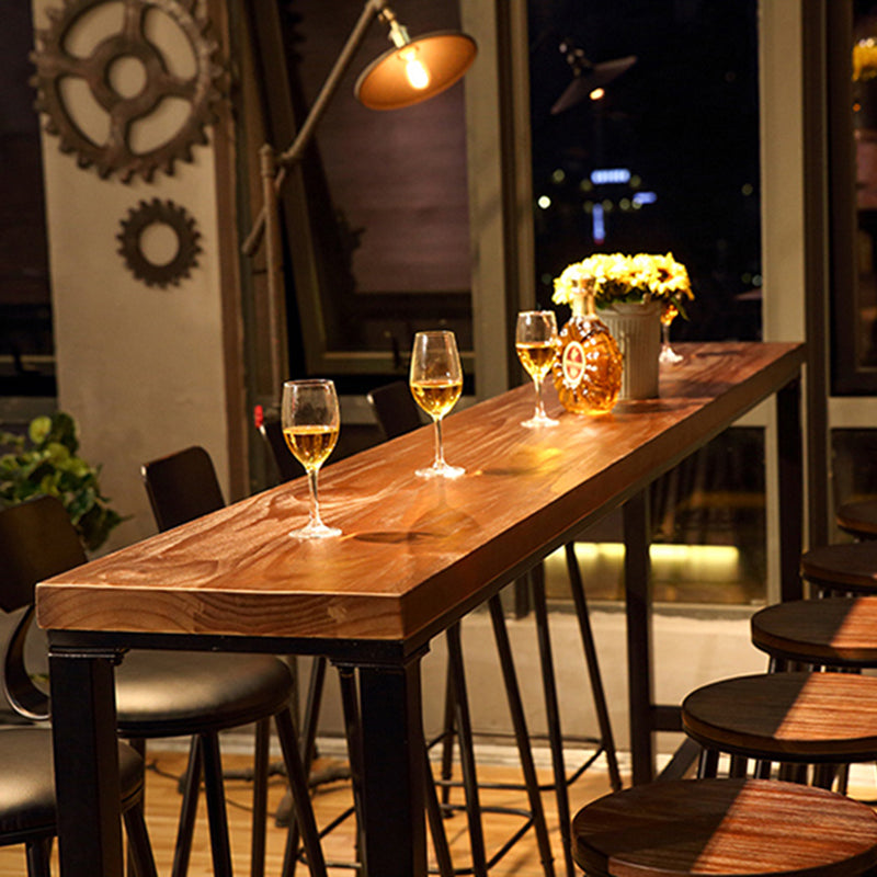 Pine Wood Top Rectangular Bar Table Industrial Pub Table with Trestle Base in Black