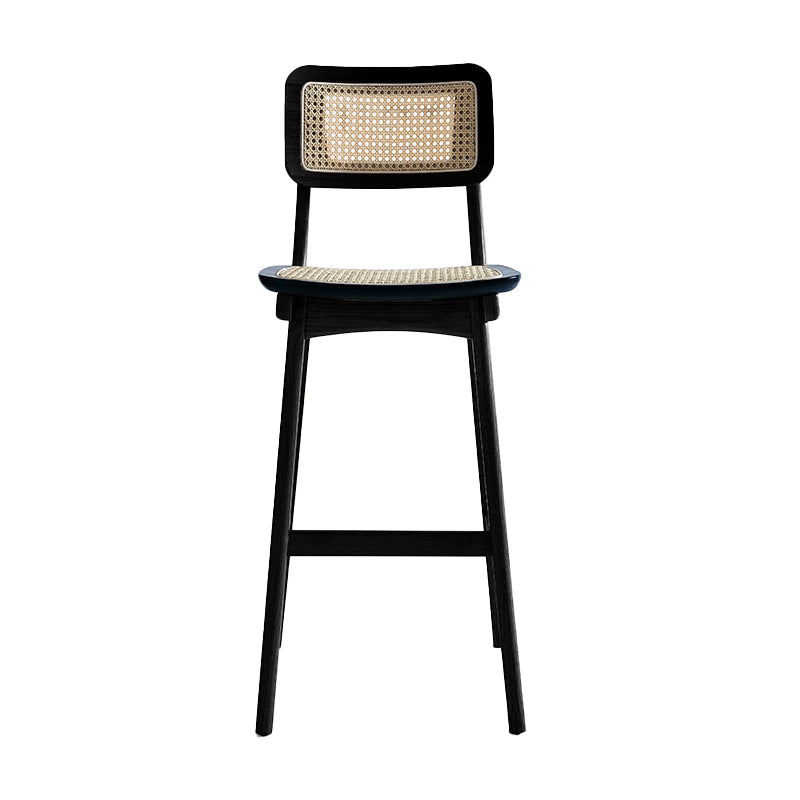 Low Back Solid Wood Bar Stool Modern Rattan Armless Stool for Living Room