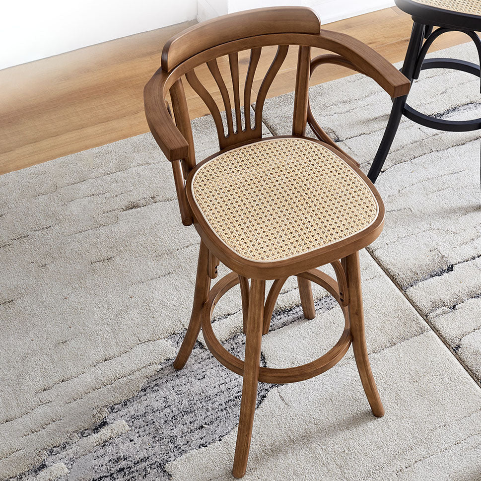 Modern Rattan Armed Stool Low Back Wood Stool with Swivel for Restaurant