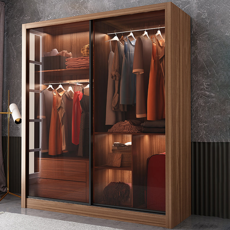 Mirrored Finish Cabinet with Glass Door Modern Brown Wardrobe for Home