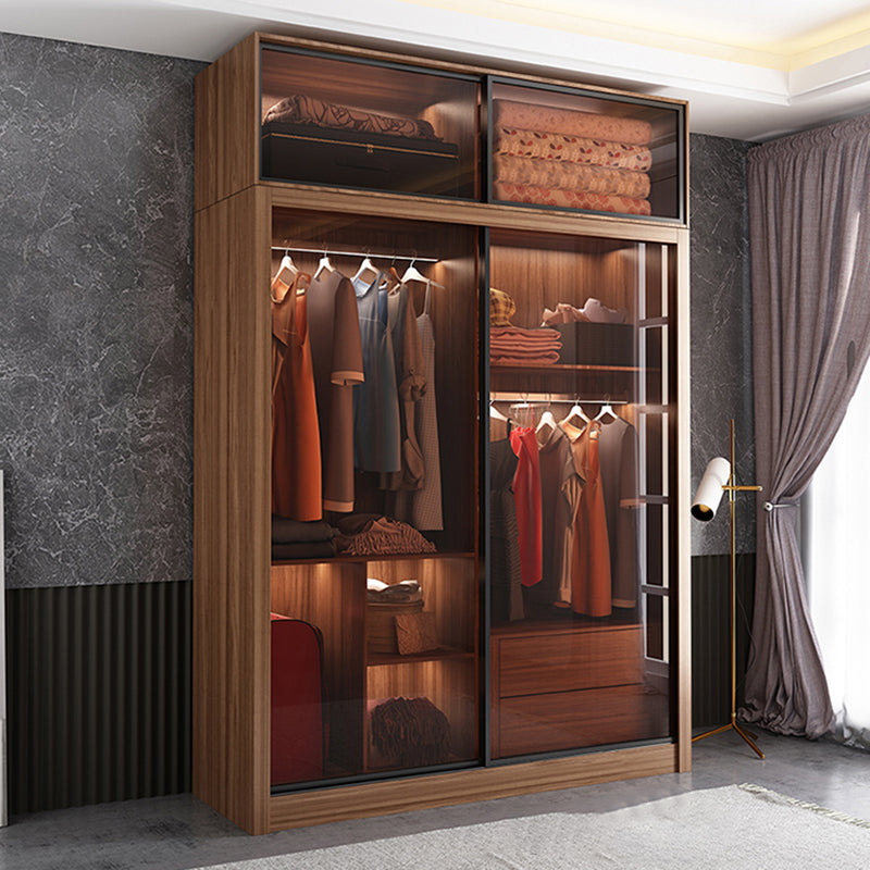 Mirrored Finish Cabinet with Glass Door Modern Brown Wardrobe for Home