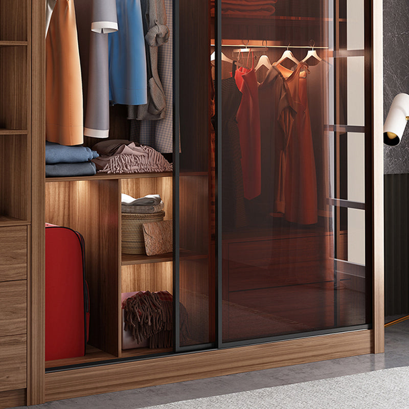 Mirrored Finish Cabinet with Glass Door Modern Brown Wardrobe for Home