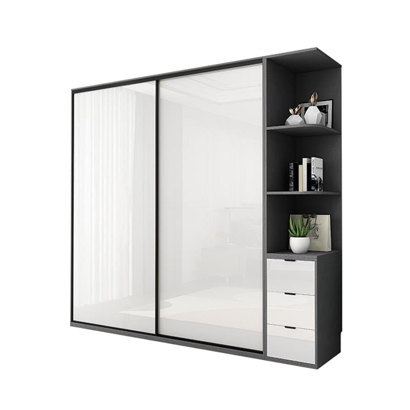 White Mirrored Finish Wardrobe Armoire Engineered Wood Wardrobe with Drawer