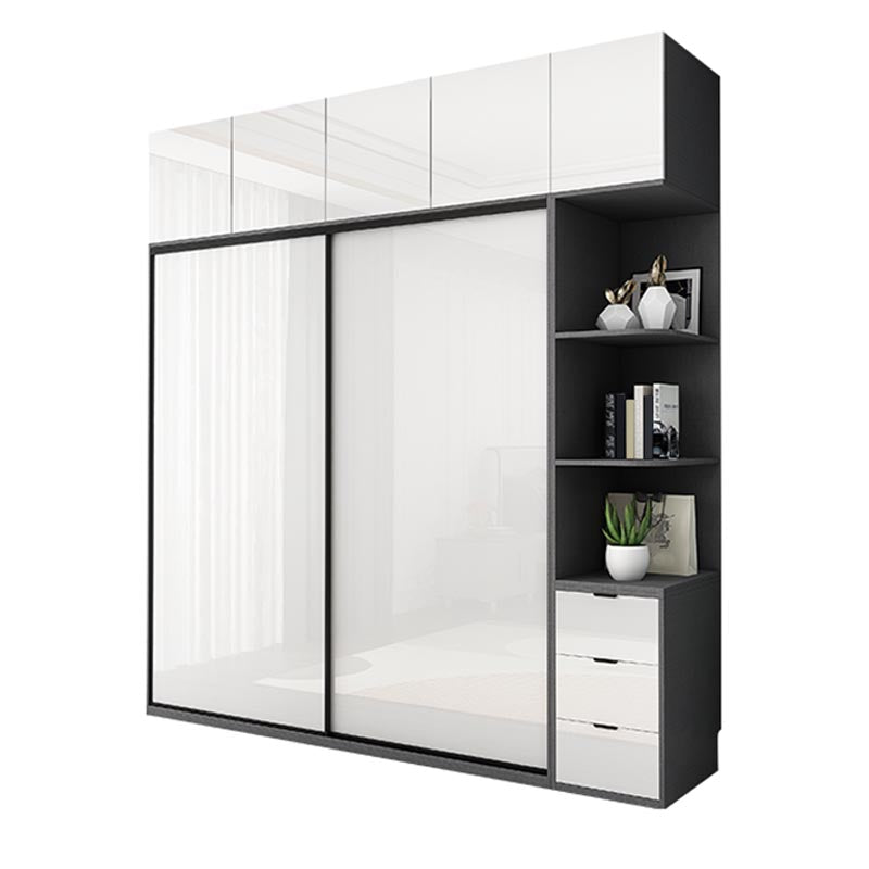 White Mirrored Finish Wardrobe Armoire Engineered Wood Wardrobe with Drawer