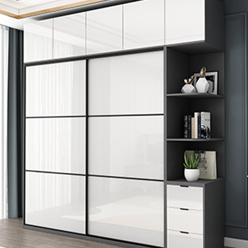 White Mirrored Finish Wardrobe Armoire Engineered Wood Wardrobe with Drawer