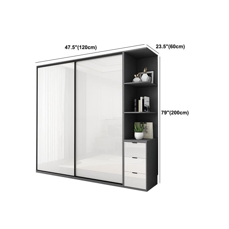 White Mirrored Finish Wardrobe Armoire Engineered Wood Wardrobe with Drawer