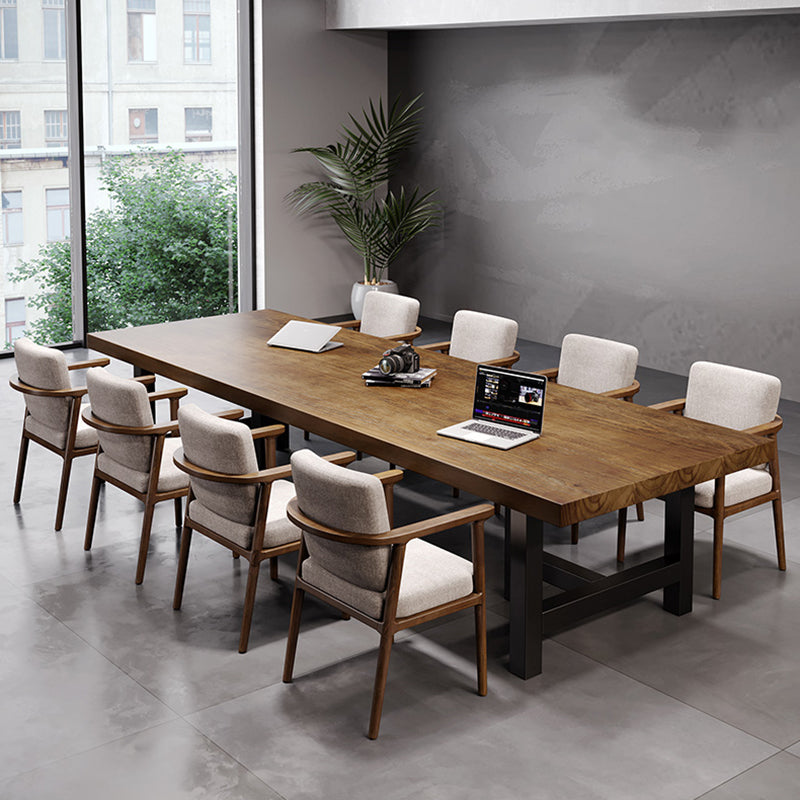 Pine Wood Top Rectangular Office Desk Industrial Desk with Black Metal Base