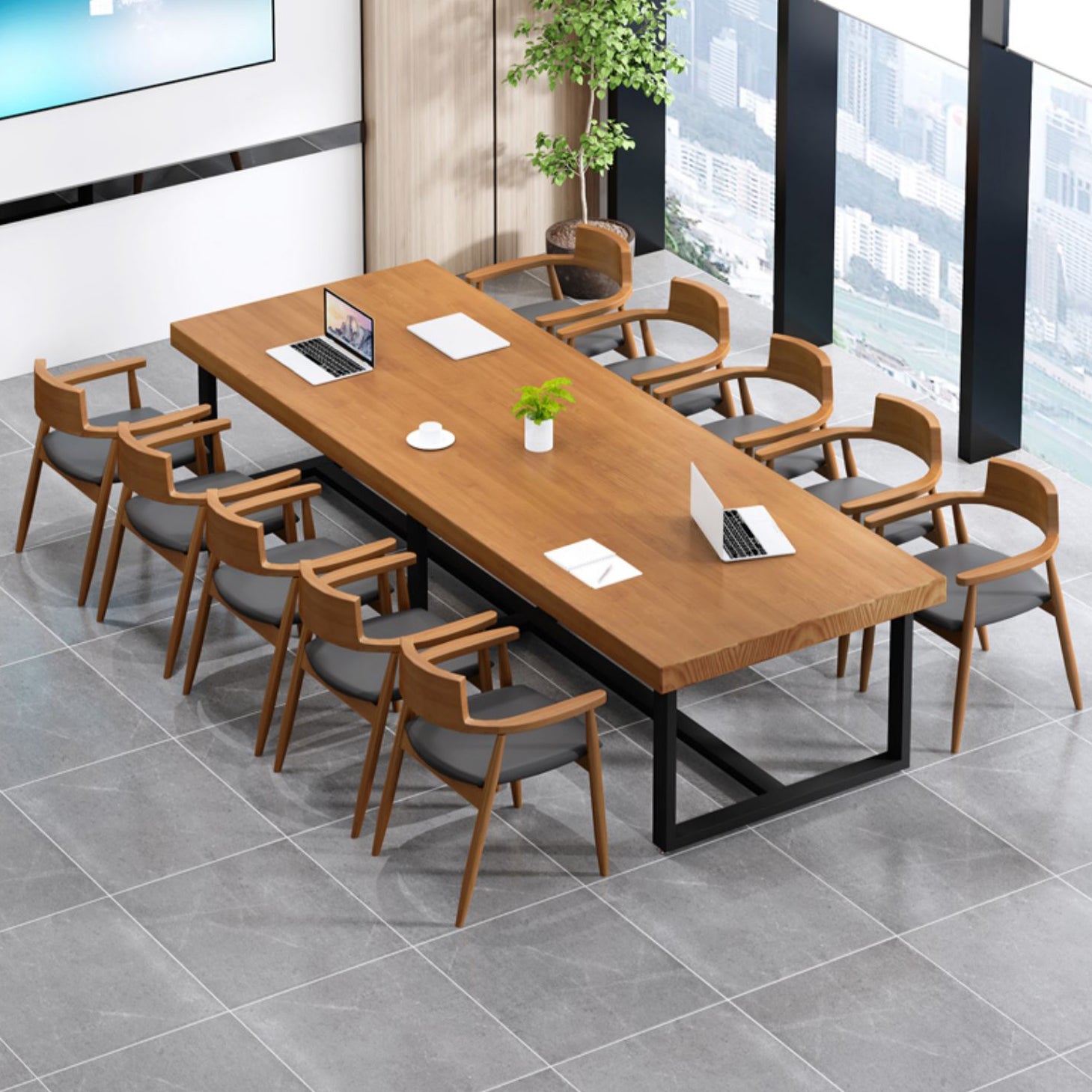 Modern Pine Wood Top Office Desk Rectangular Desk with Trestle