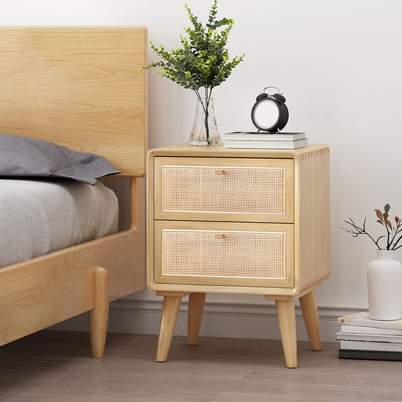 Wicker & Rattan Modern Night Table Solid Wood 2-Drawer Storage 22 Inch H Nightstand