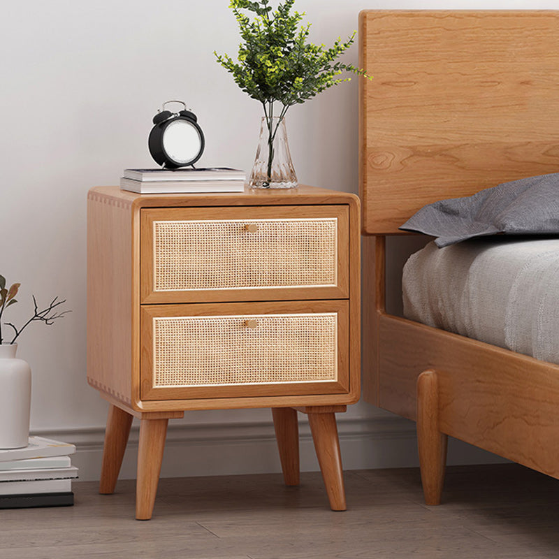 Wicker & Rattan Modern Night Table Solid Wood 2-Drawer Storage 22 Inch H Nightstand