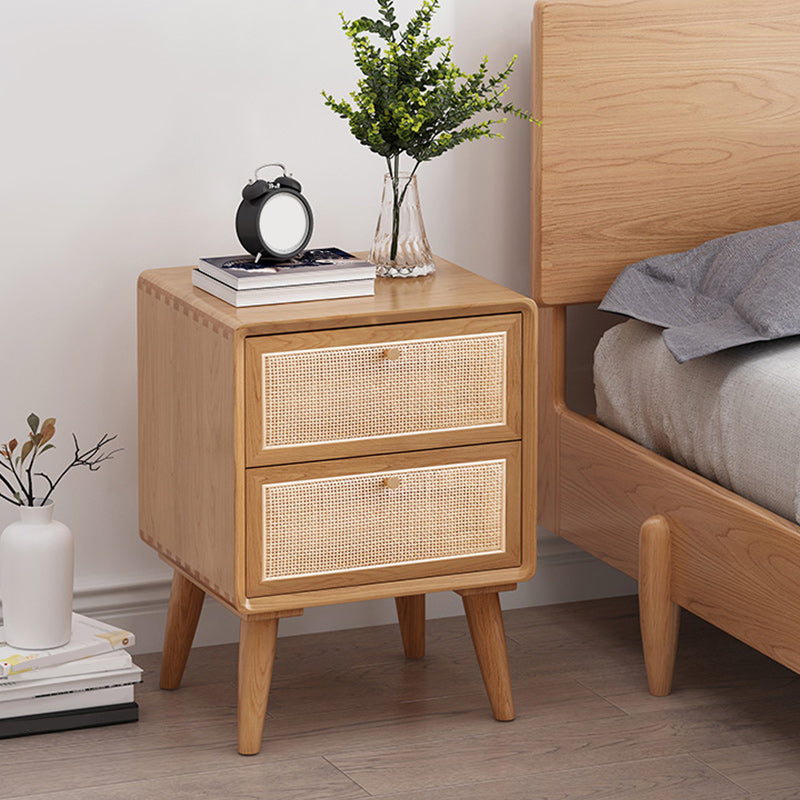 Wicker & Rattan Modern Night Table Solid Wood 2-Drawer Storage 22 Inch H Nightstand