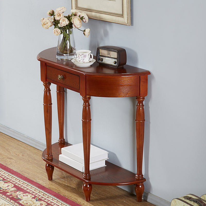 Mid-Century Modern Sofa Table Half Moon Floor Shelf Dark Brown Console Table