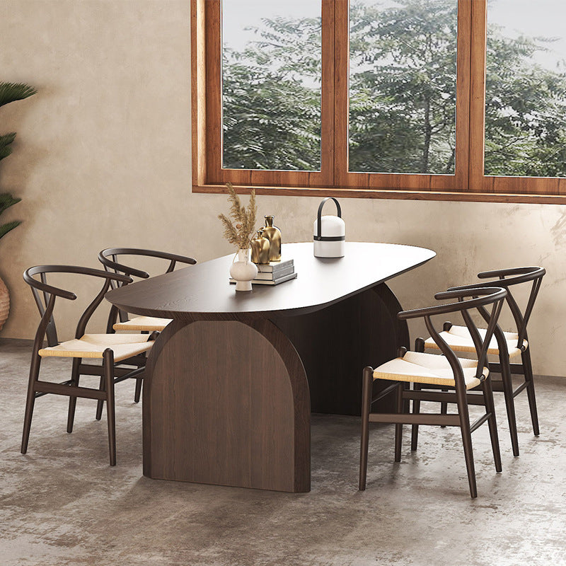 Brown Solid Wood Dining Table Modern Oval Furniture with Double Pedestal for Office