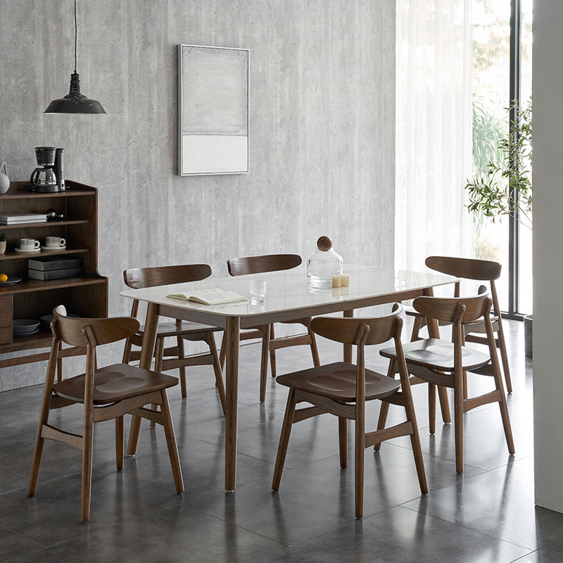 Stone Top Table Mid-Century Modern Dining Table with 4 Brown Wood Legs