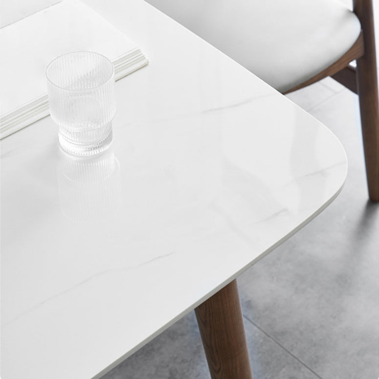 Stone Top Table Mid-Century Modern Dining Table with 4 Brown Wood Legs