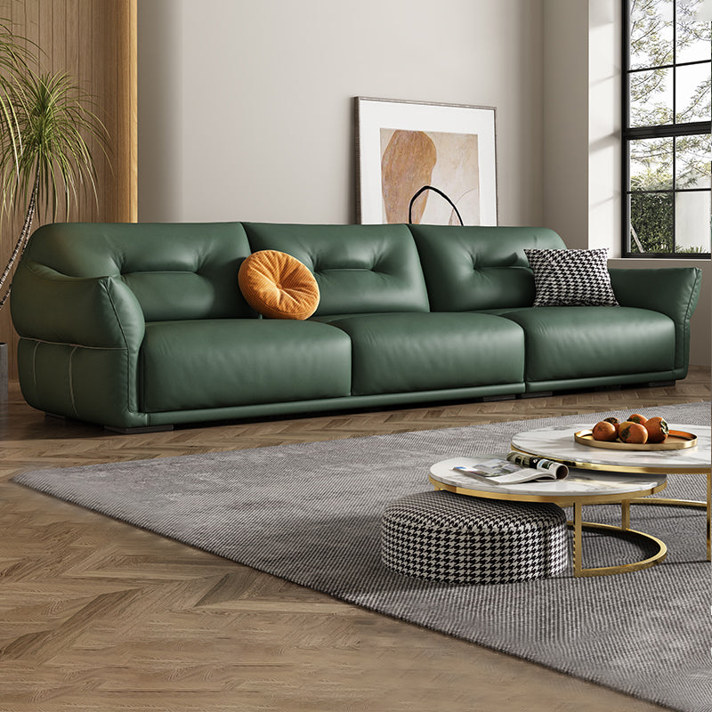 Contemporary Green Square Arm Genuine Leather Stationary Sofa