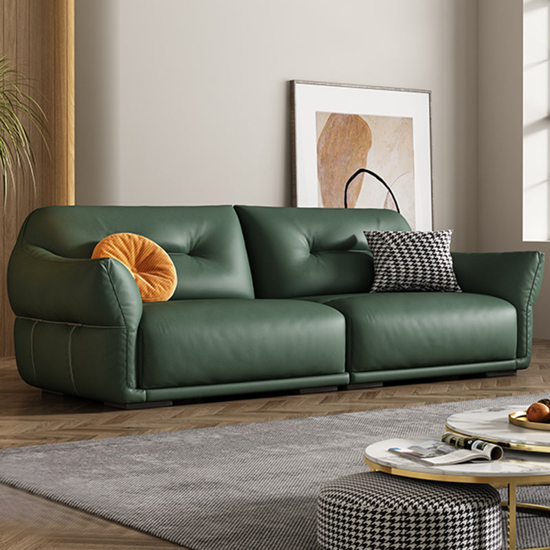 Contemporary Green Square Arm Genuine Leather Stationary Sofa