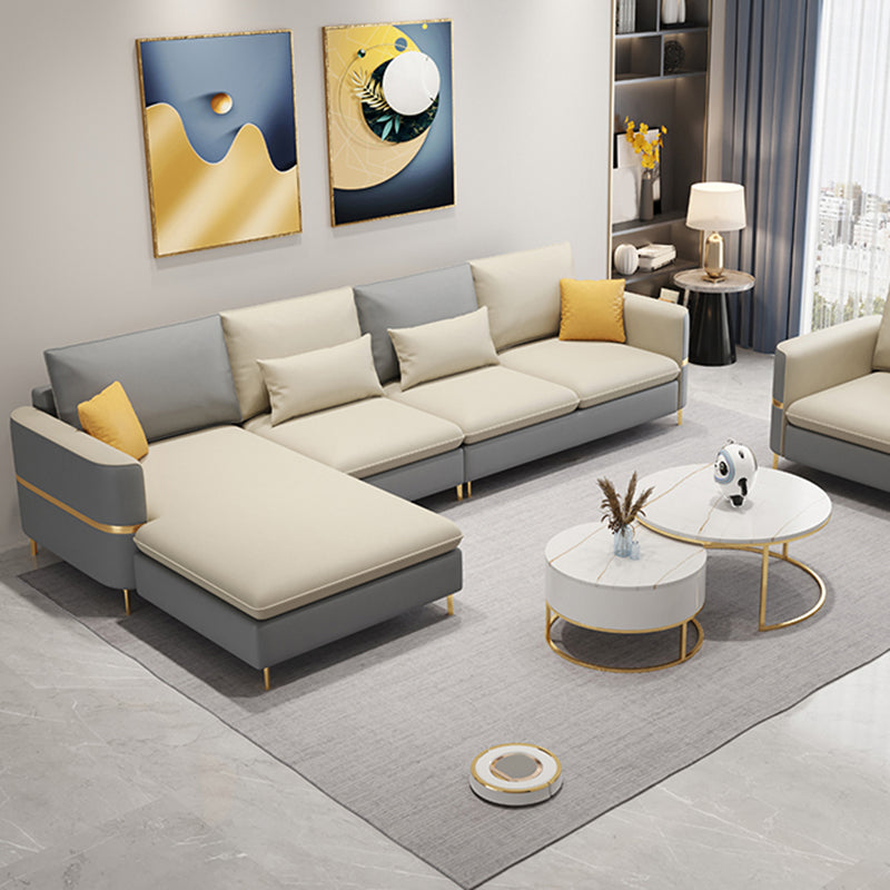 Modern Style Sofa & Chaise Faux Leather Sectional with Bolster Pillows