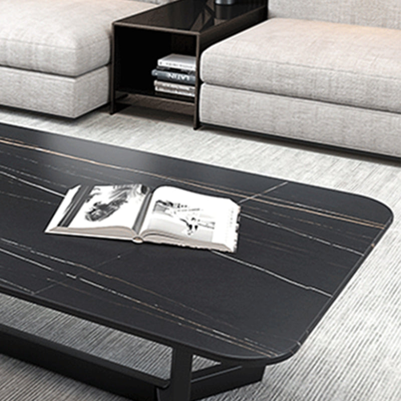 Modern Style Slate Table with Rectangular Black Metal Trestle Type Base Coffee Table