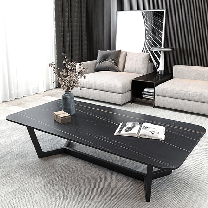 Modern Style Slate Table with Rectangular Black Metal Trestle Type Base Coffee Table
