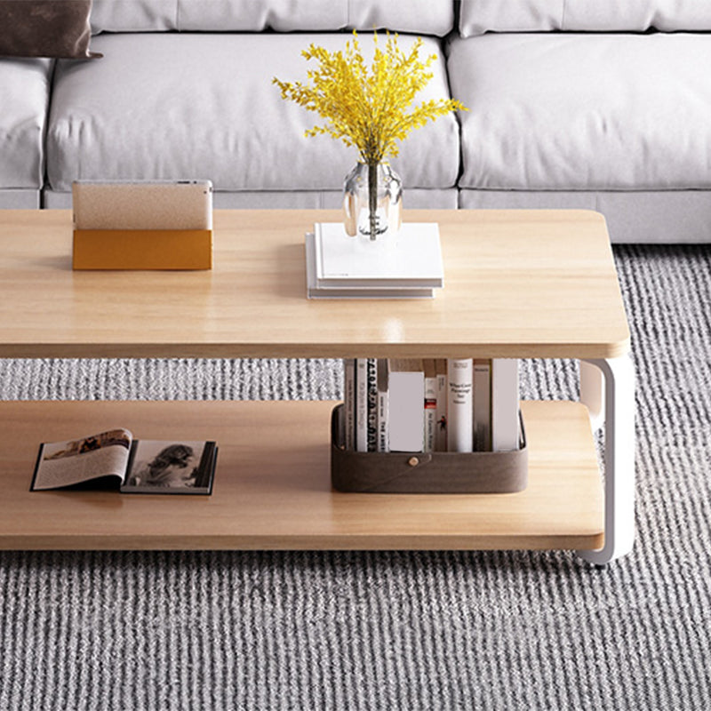 Modern Style Wooden Rectangular Table with Abstract Base for Storage Rack Coffee Table