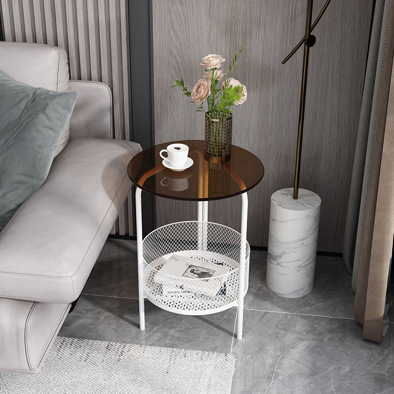 23.6" Tall Modern Round Glass Top Side Table Iron 3 Legs End Table with Storage
