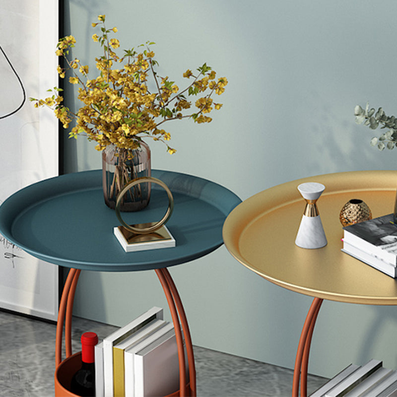 Mid-Century Round Tray Top Side Table Iron Pedestal End Table with Storage