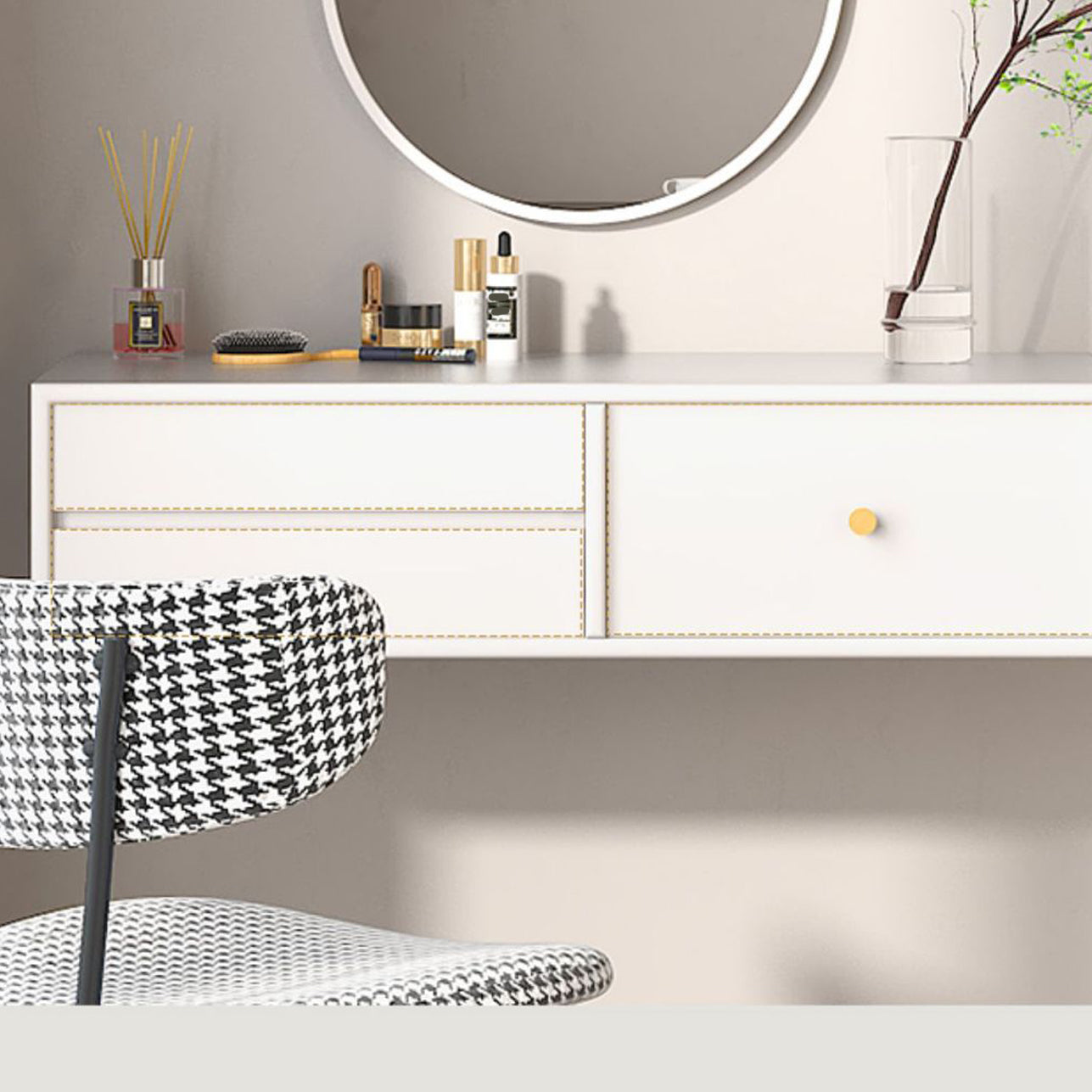 Contemporary Solid Wood Makeup Dressing Table Set with Stool