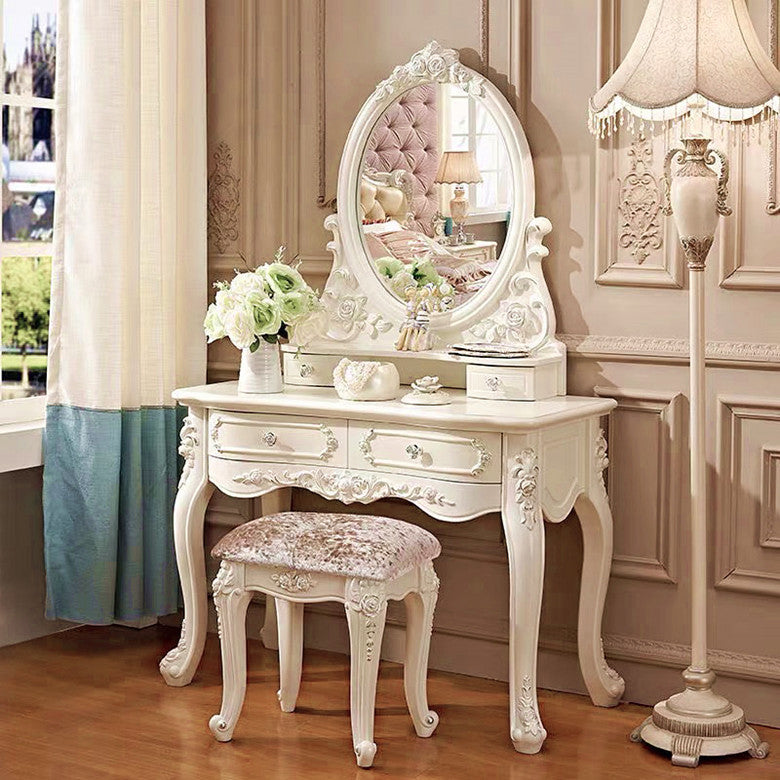 4 Drawers White/Blak/ /Golden MakeupTable Stool Set, 18.89" W x 63.77" H
