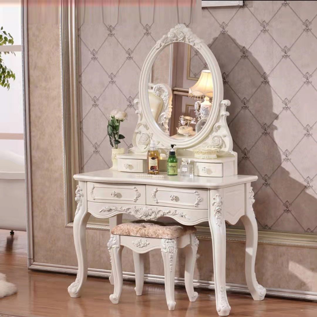 4 Drawers White/Blak/ /Golden MakeupTable Stool Set, 18.89" W x 63.77" H